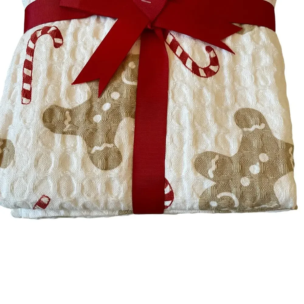 Joy & Jolly GINGERBREAD Shower Curtain 72x72 Christmas Candy Cane Waffle Weave
